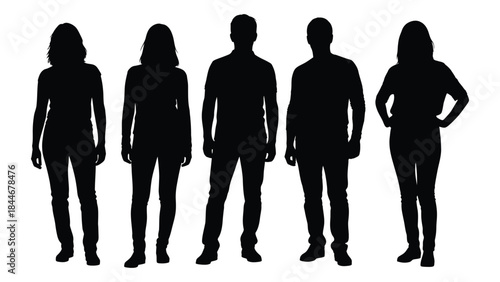 a group of five people standing together presented as a dark silhouette