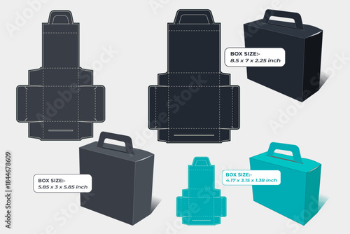 Set of die cut templates and 3d mockups for various packaging boxes with handles.