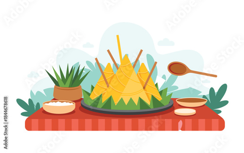 Traditional southeast asian nasi goreng dish with utensils and plant