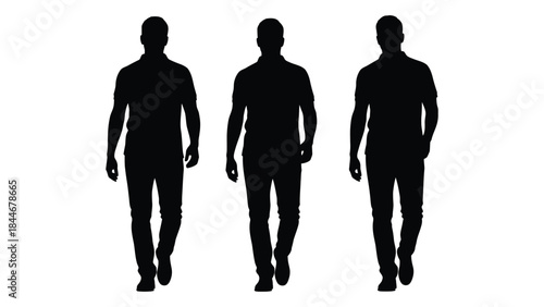 Three men walking forward depicted as dark shapes against a plain background silhouette