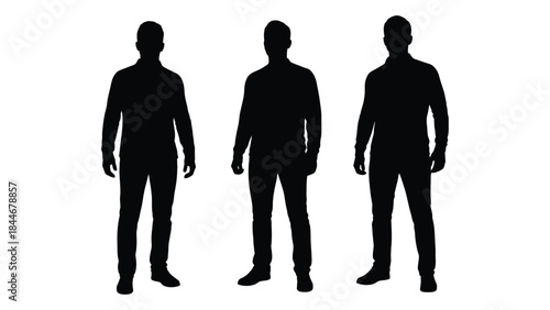 Three male figures stand in a row depicted as stark black shapes silhouette