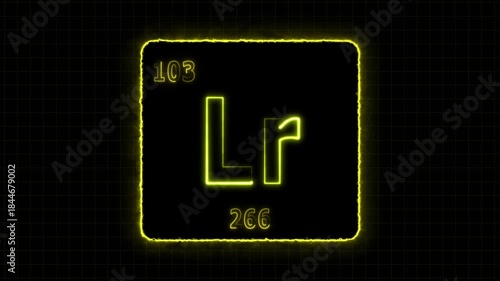 Lawrencium - periodic table element symbol hologram, chemical element Periodic Table, atomic weight element number ,glowing on black background in 4K.