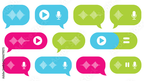 Set of vector illustrations featuring a colorful collection of chat and speech bubbles with media player and audio recording icons in a modern flat design style 