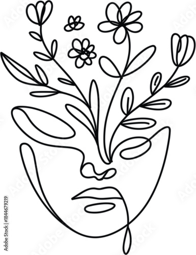 Minimalist black and white line of a face with flowers