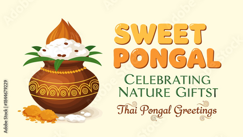 Sweet pongal celebrating nature giftst thai pongal greetings with clay pot overflowing with rice, jaggery, and coconut