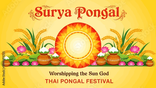 Surya pongal worshipping sun thai pongal festival with pots of sweet rice, lotus flowers, and wheat stalks on bright background