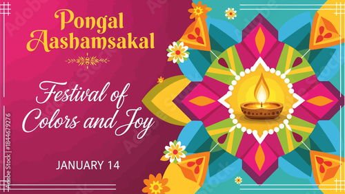 Pongal aashamsakal festival of colors and joy january 14 vibrant celebration with traditional rangoli and lit lamp design