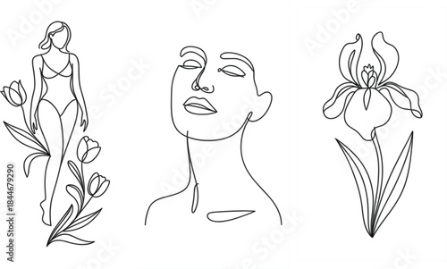 Minimalist Line Triptych of Woman and Iris Flower line minimalist