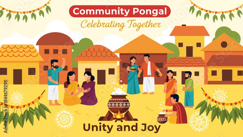Community pongal celebrating together unity and joy indian festival banner with people cooking in village setting