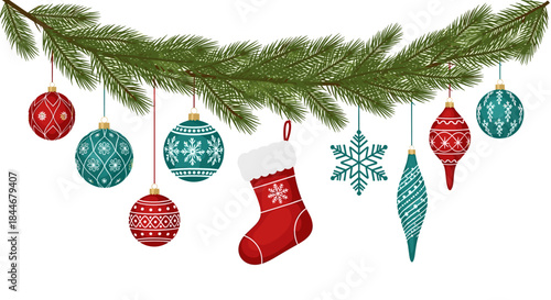 Decorative garland with green pine branches and colorful ornaments along with a red stocking creating a festive winter display for holiday celebrations.