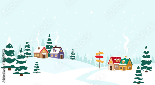 Snowy hill village with cozy pastel houses and pine trees along a winding road under a pale blue sky creating a peaceful winter landscape full of charm.