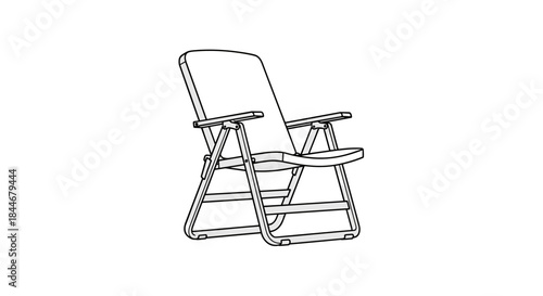 Line drawing shows a modern lounge chair with a metal frame and fabric seat designed for comfortable outdoor and indoor relaxation.
