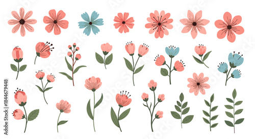 Soft watercolor flowers in pink and blue bloom across slender green stems with varied petals and delicate leaves forming a bright garden scene for decor.