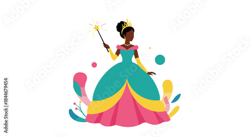 A graceful princess wearing a turquoise ball gown with a layered pink and yellow skirt stands holding a sparkling wand ready to welcome a magical celebration.