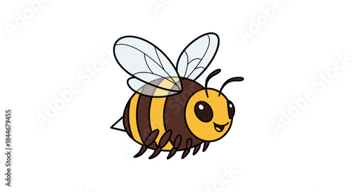 Friendly cartoon bee with yellow and brown stripes flies happily with translucent wings over a clean white background in a playful illustration for kids.