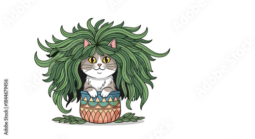 Whimsical cat with a lush leafy mane peeks out from a colorful decorative pot surrounded by leafy vines and playful greenery.