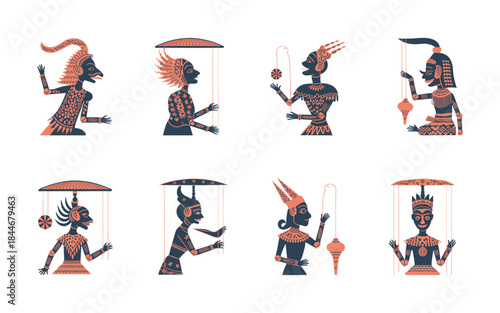 Collection of ancient egyptian figures with parasols
