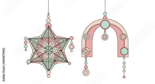 Two pastel hanging ornaments with geometric shapes and bead details in soft pink and mint tones create a charming festive display.