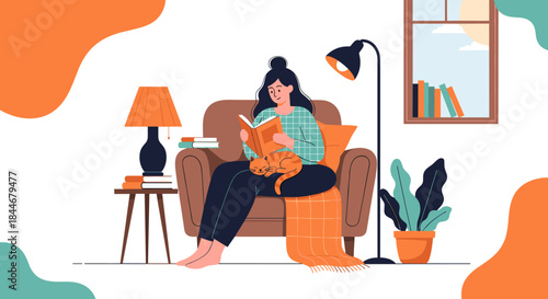 Woman relaxing at home on a couch reads a book with a cat on her lap in a cozy living room featuring a lamp side table books a window plants and warm lighting.