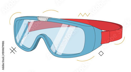 Sleek blue ski goggles with a red strap and wide clear lenses provide protective eye coverage and enhanced visibility for winter sports on bright snowy days.