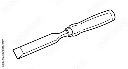 Flat head screwdriver with a long straight blade and a rounded ergonomic handle is depicted in a clean black and white line drawing.