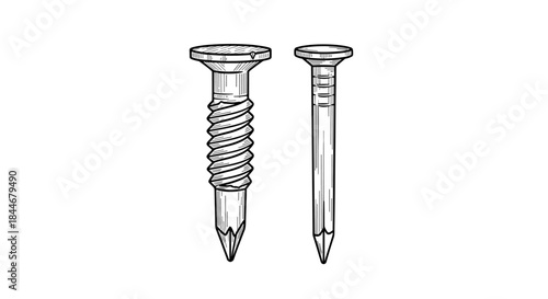 Two black and white hand drawn metal fasteners a screw with a threaded body and a slotted head beside a smooth nail with a pointed tip on a white background.