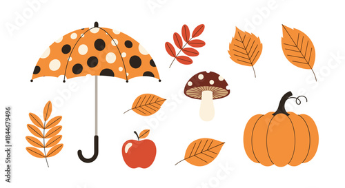Vibrant autumn scene featuring an orange polka dot umbrella pumpkins apples and curling leaves in warm seasonal tones and autumn breeze accents.