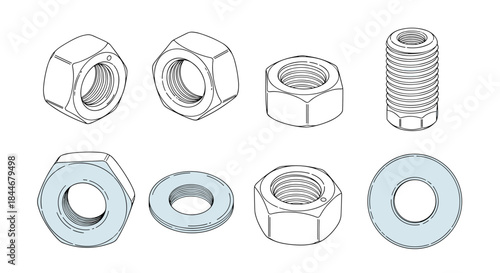 Collection of hex nuts and flat washers in multiple sizes along with a threaded bolt illustrating common hardware fasteners used in assembly and repair.