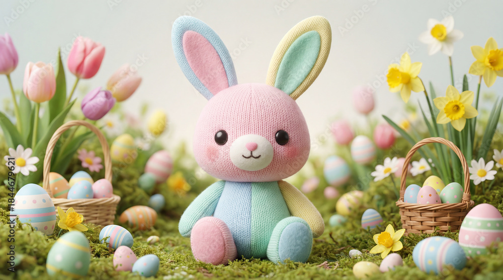 Obraz premium A toy bunny with colorful eggs in the field. Easter time