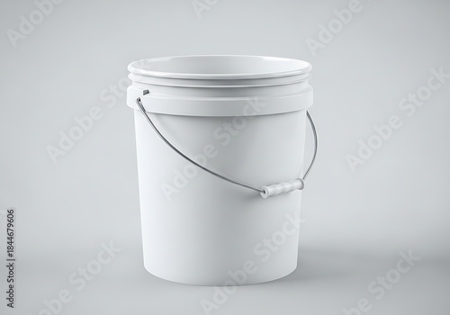 Blank white plastic pail with metal handle for product advertisement mockup. 5 gallon pail