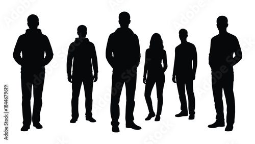 A group of six people standing closely together in a dark striking silhouette