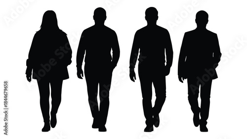 Four people walking forward depicted as dark shapes against a white background silhouette