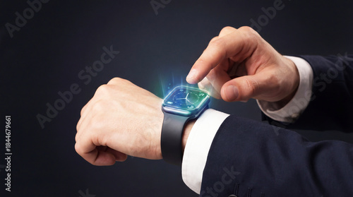 Businessman observing and pointing at a holographic virtual clock