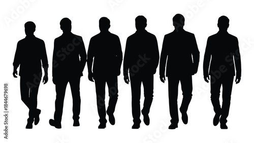 A group of six men walking in a line depicted as a striking black silhouette