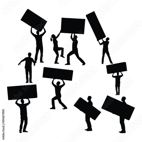 Silhouettes of people holding and lifting rectangular black placards or signs