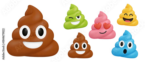 Poop emoji cartoon clipart set with cute funny 3d smiley faces colors transparent background for design element