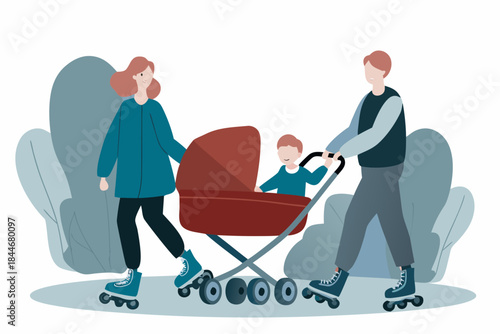 Family enjoying a stroll with a baby in a stroller on roller skates