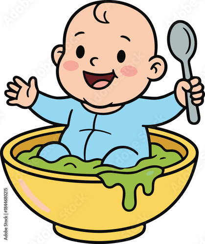 Cartoon baby, food bowl, green puree, spoon in hand, smiling infant, feeding time, vector art, flat illustration, playful scene