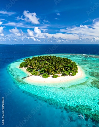 Vivid aerial view of a tropical island with turquoise waters and white sands
