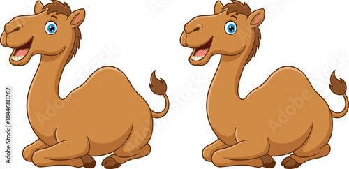 Cartoon camels sitting, cheerful expressions, blue eyes, animated desert animals, comparison pair, vector art, flat illustration, friendly pose, playful