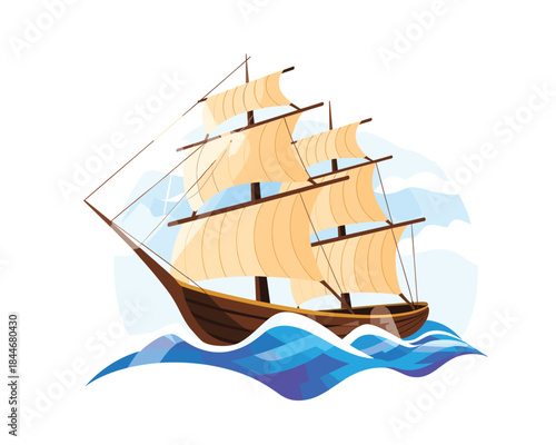A brown sailing ship with beige sails on blue waves