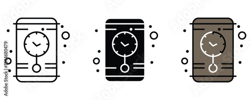 Time Management Technology Icon Set. Vector illustration combining clocks, gears, and technology symbols, represented in different black-and-white icon styles. Ideal for productivity, scheduling, or t