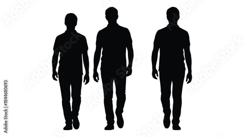 Three men standing in a row full body view dark shapes against a white background silhouette