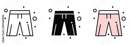 Casual Summer Shorts Icon Set. Vector illustration of men's casual shorts in various styles and colors (black, pink), presented in flat and line icon formats. Great for e-commerce, fashion, or travel 