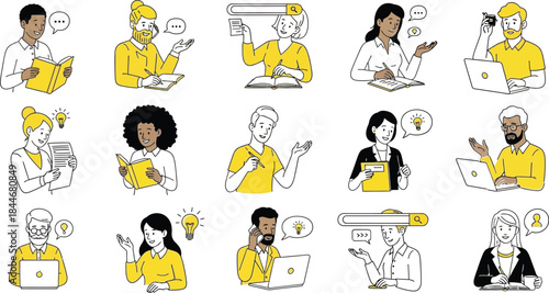 Diverse People Learning, Studying, and Sharing Ideas – Flat Line Illustration Set