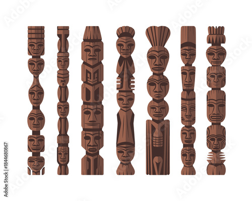 Collection of wooden carved totem pole figures