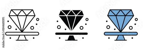 Jewelry and Diamond Icon Set. Vector illustration of cut diamonds and gems displayed on a computer screen or stand, presented in various icon styles. Perfect for jewelry stores, luxury apps, or techno