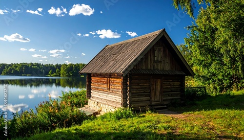 Wallpaper Mural Tranquil scene featuring a wooden cottage by a calm lake under a bright sky Torontodigital.ca