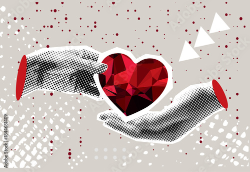 Trendy Halftone Collage love in a couple, hand with heart, hands of a couple, commitment in a couple, mutual love, taking heart, day of love, collage art
