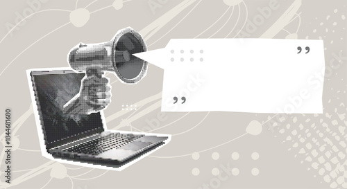 Trendy Halftone Collage with hand holding megaphone on screen laptop. Template for banner, poster, social media and ads. Vector illustration. Contemporary art. Vector